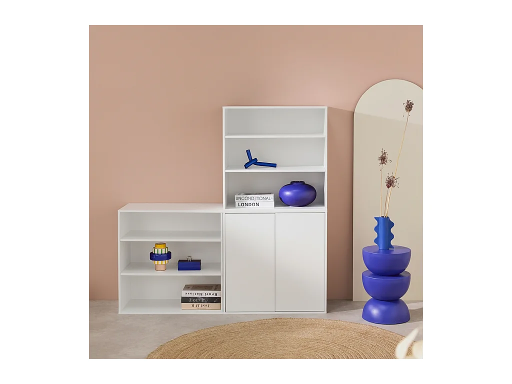 Etagère. bibliothèque modulable décor bois blanc 3 éléments - 2 portes 5 étagères L 70 x P 35 x H 210cm - Kompo