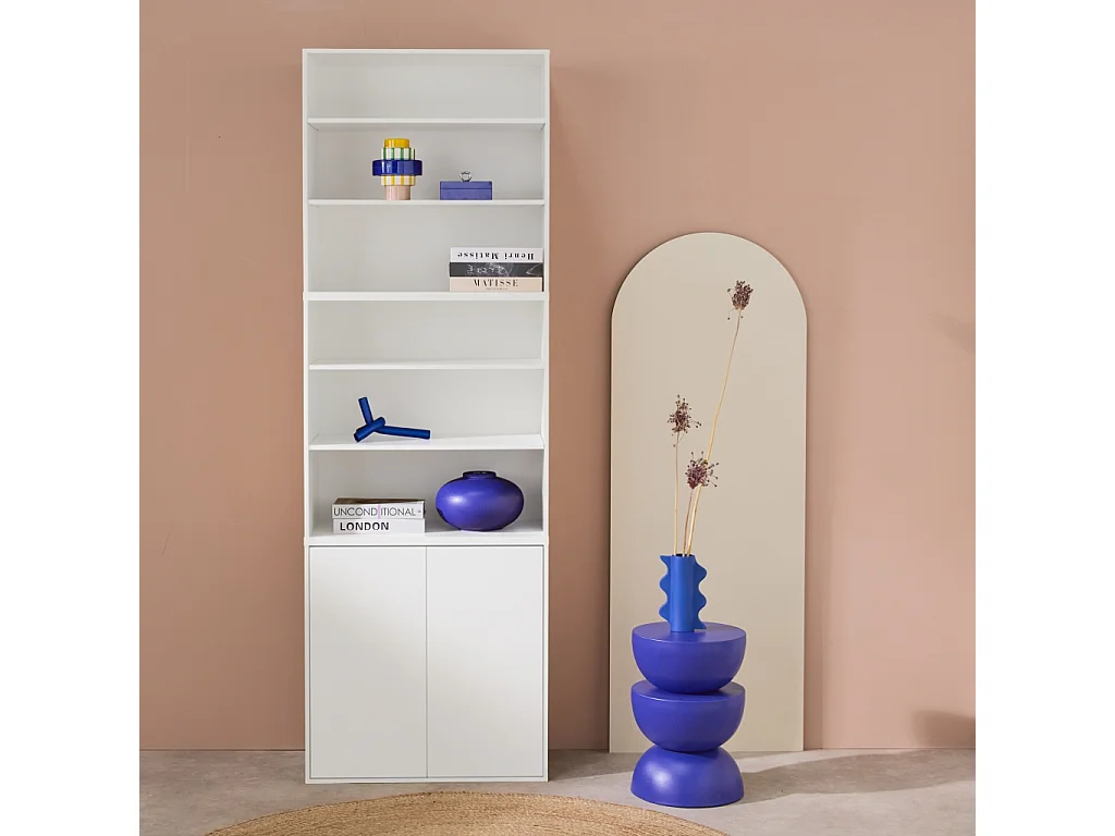 Etagère. bibliothèque modulable décor bois blanc 3 éléments - 2 portes 5 étagères L 70 x P 35 x H 210cm - Kompo