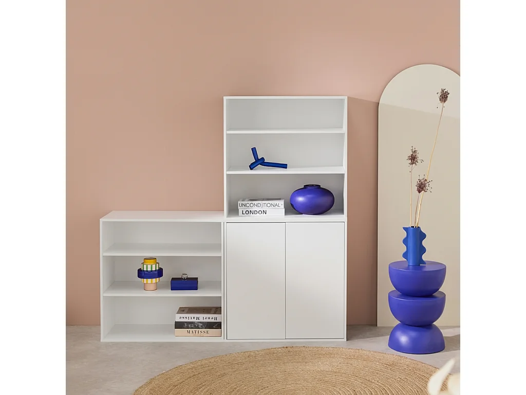 Etagère. bibliothèque modulable décor bois blanc 3 éléments - 2 portes 5 étagères L 70 x P 35 x H 210cm - Kompo