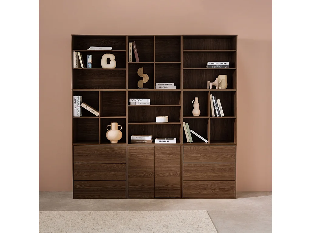 Libreria modulare decorativa in legno con 9 elementi, noce