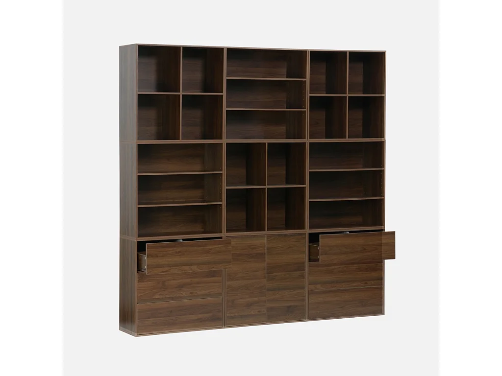 Kit étagère. bibliothèque décor bois noyer 9 éléments 100% modulable L 210 x P 35 x H 210cm - Kompo