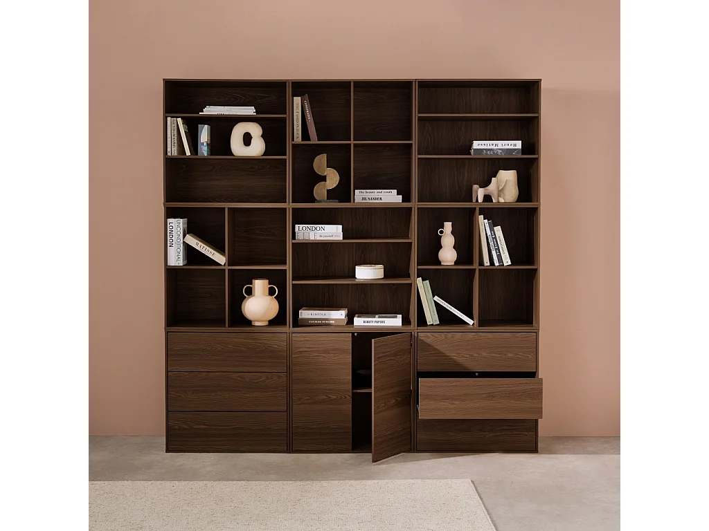 Kit étagère. bibliothèque décor bois noyer 9 éléments 100% modulable L 210 x P 35 x H 210cm - Kompo