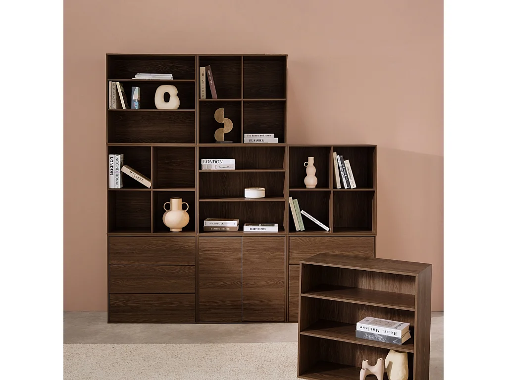 Kit étagère. bibliothèque décor bois noyer 9 éléments 100% modulable L 210 x P 35 x H 210cm - Kompo