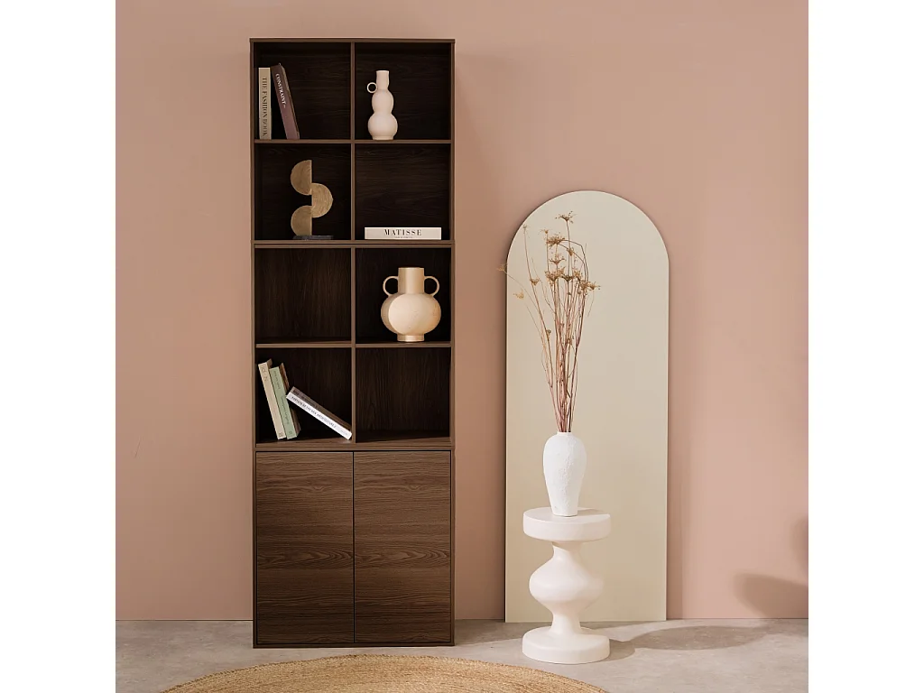 Etagère. bibliothèque modulable décor bois noyer 3 éléments - 2 portes 8 niches L 70 x P 35 x H 210cm - Kompo