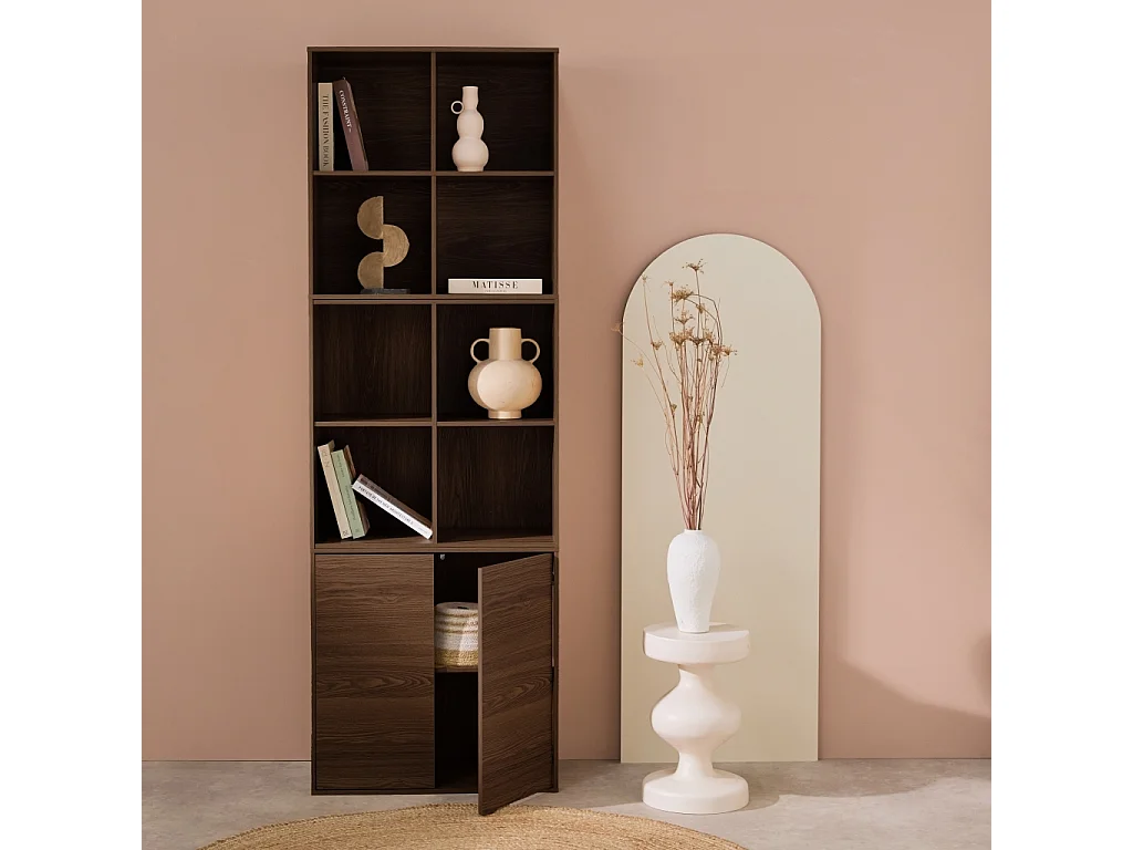 Etagère. bibliothèque modulable décor bois noyer 3 éléments - 2 portes 8 niches L 70 x P 35 x H 210cm - Kompo