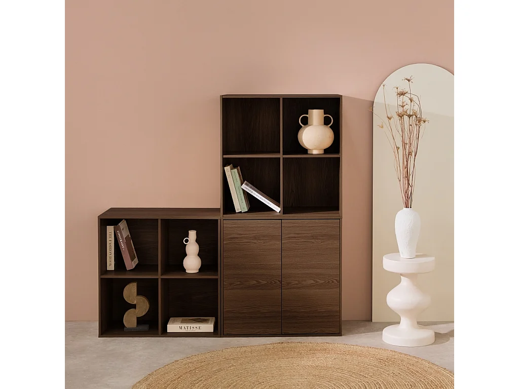 Etagère. bibliothèque modulable décor bois noyer 3 éléments - 2 portes 8 niches L 70 x P 35 x H 210cm - Kompo