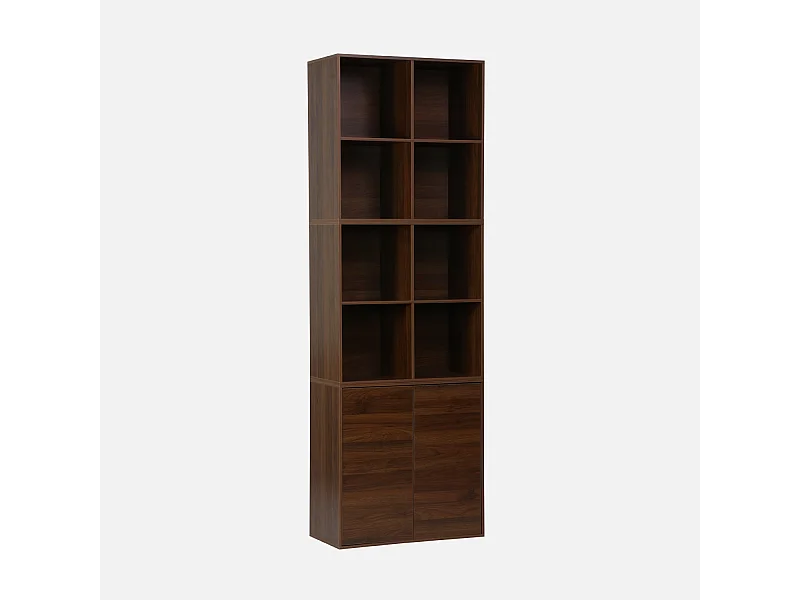 Etagère. bibliothèque modulable décor bois noyer 3 éléments - 2 portes 8 niches L 70 x P 35 x H 210cm - Kompo