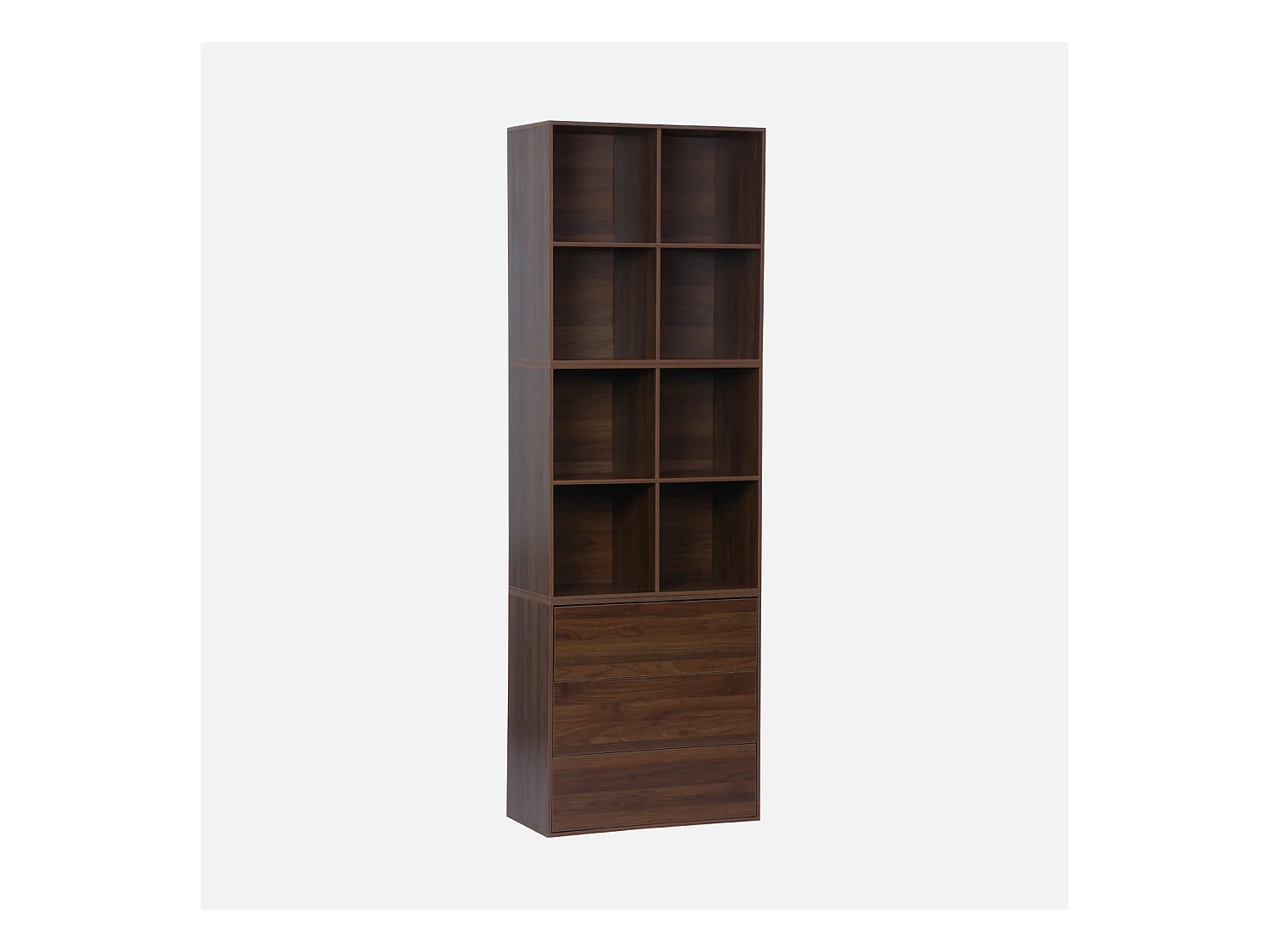 Mensola, libreria modulare decorazioni legno, 3 cassetti 8 vani, noce