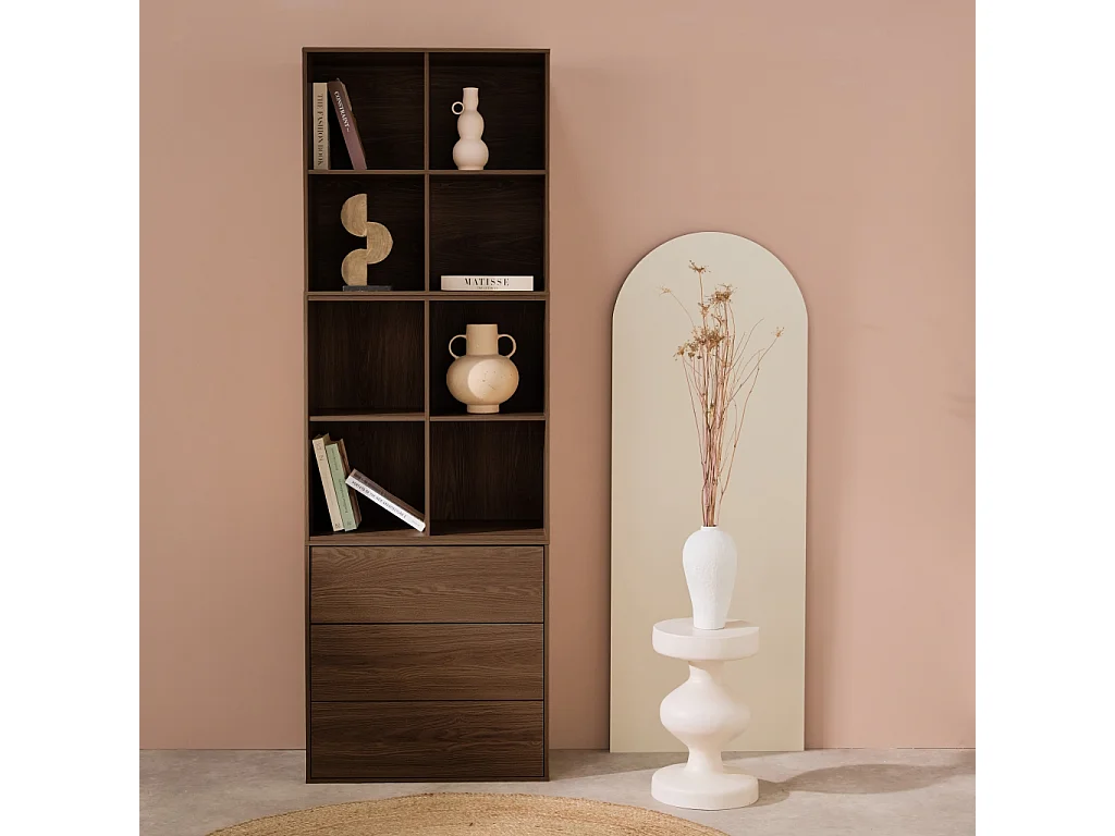 Mensola, libreria modulare decorazioni legno, 3 cassetti 8 vani, noce