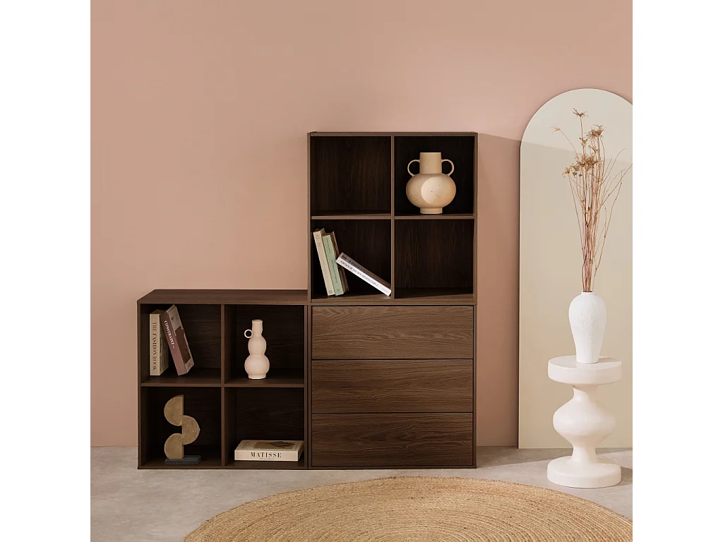 Libreria modulare in legno, 3 cassetti 8 vani, noce