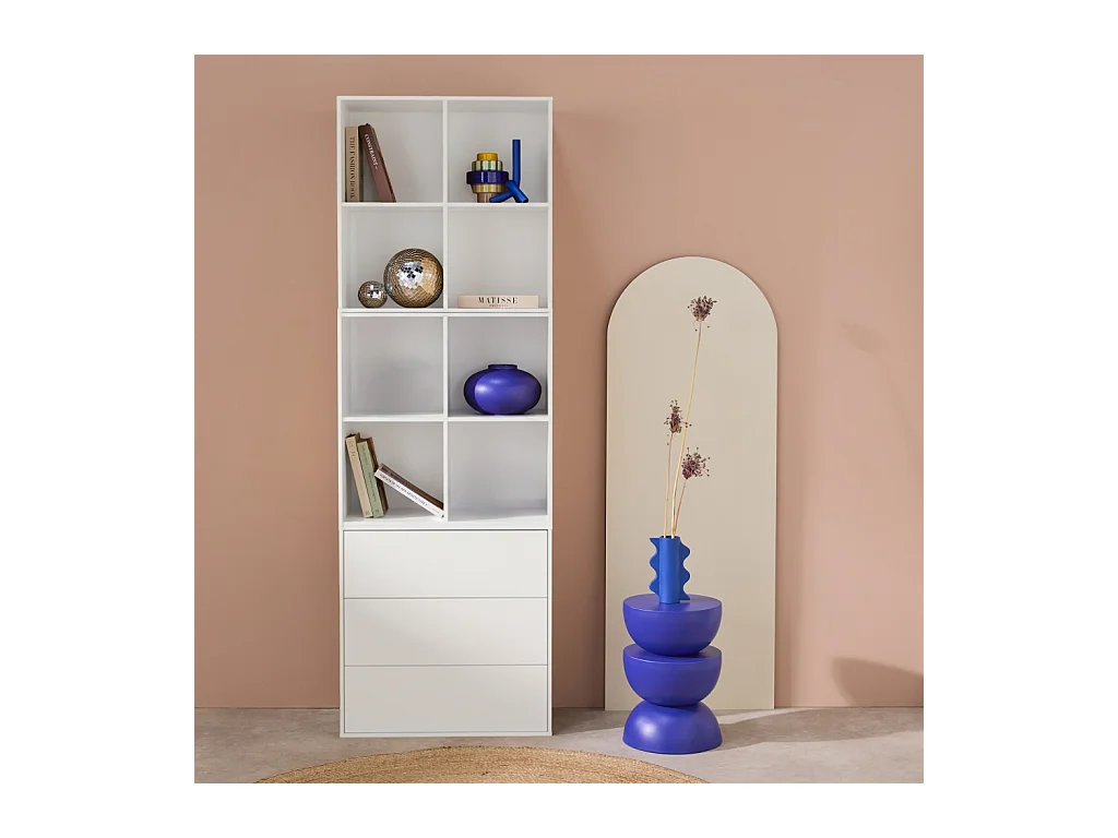 Estantería, biblioteca modular con 3 cajones y 8 nichos blanco