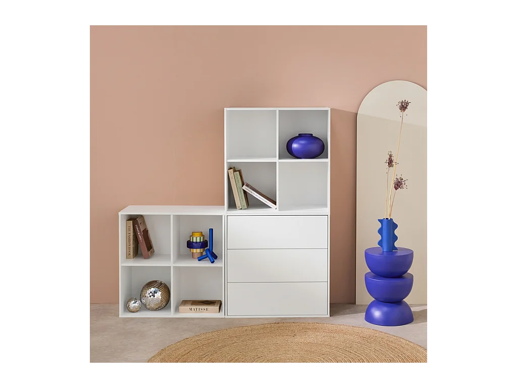 Estantería, biblioteca modular con 3 cajones y 8 nichos blanco