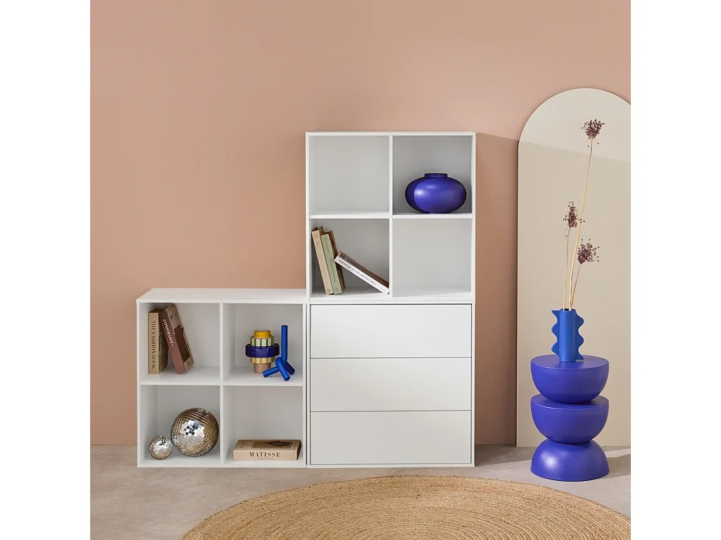 Estantería, biblioteca modular con 3 cajones y 8 nichos blanco