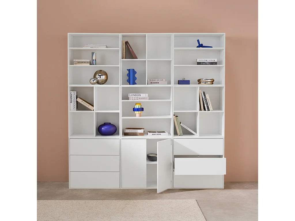 Kit étagère. bibliothèque décor bois blanc 9 éléments 100% modulable L 210 x P 35 x H 210cm - Kompo