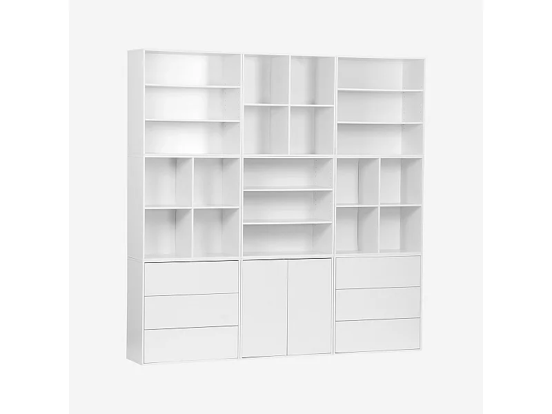 Kit étagère. bibliothèque décor bois blanc 9 éléments 100% modulable L 210 x P 35 x H 210cm - Kompo