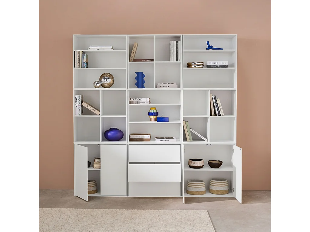 Kit étagère. bibliothèque décor bois blanc 9 éléments 100% modulable L 210 x P 35 x H 210cm - Kompo