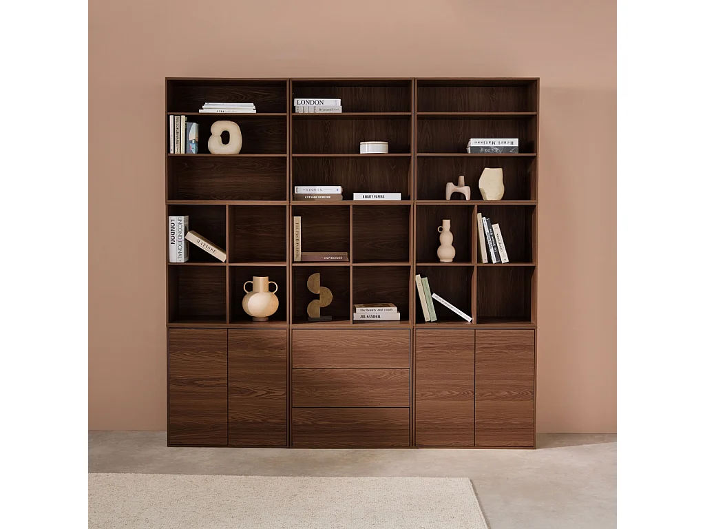 Kit étagère. bibliothèque décor bois noyer 9 éléments 100% modulable L 210 x P 35 x H 210cm - Kompo