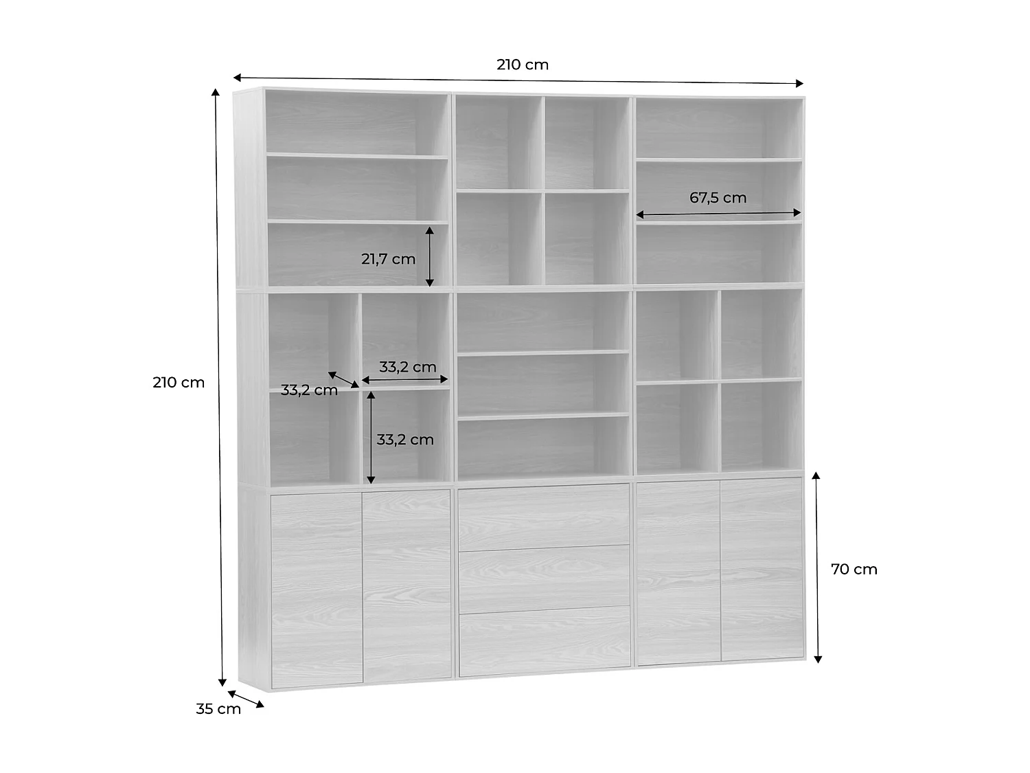 Kit étagère. bibliothèque décor bois noyer 9 éléments 100% modulable L 210 x P 35 x H 210cm - Kompo