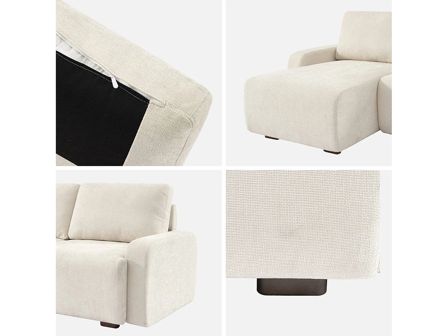 Divano angolare sinistro in tessuto semplice, 3 posti, bianco sporco