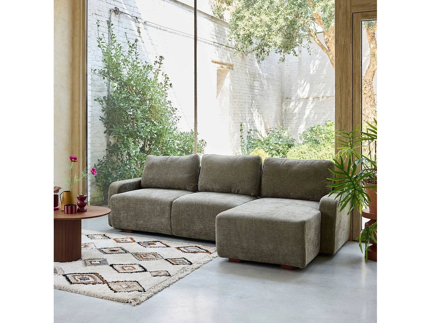 Sofá de esquina derecha de tela liso, 3 plazas verde grisáceo