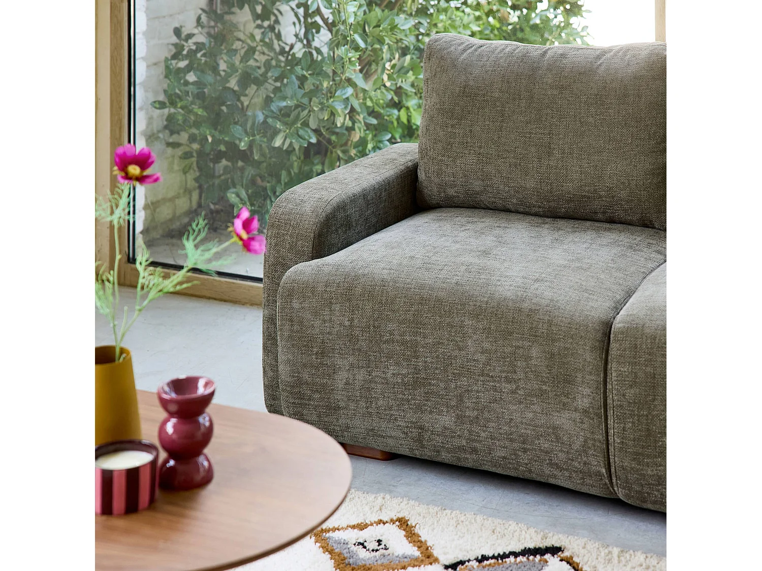 Sofá de esquina derecha de tela liso, 3 plazas verde grisáceo