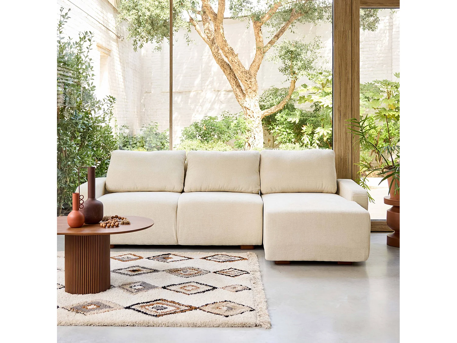 Divano angolare destro 3 posti tessuto, bianco sporco