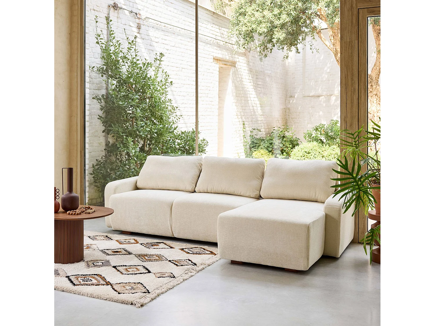 Divano angolare destro 3 posti tessuto, bianco sporco