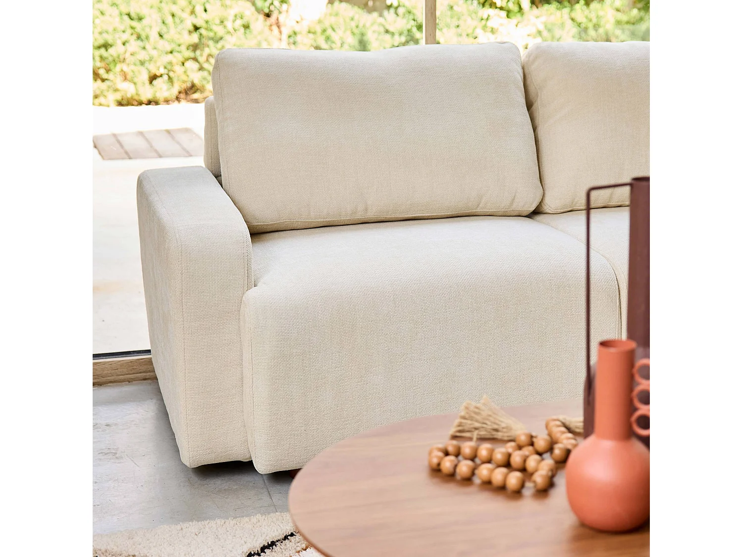 Divano angolare destro 3 posti tessuto, bianco sporco