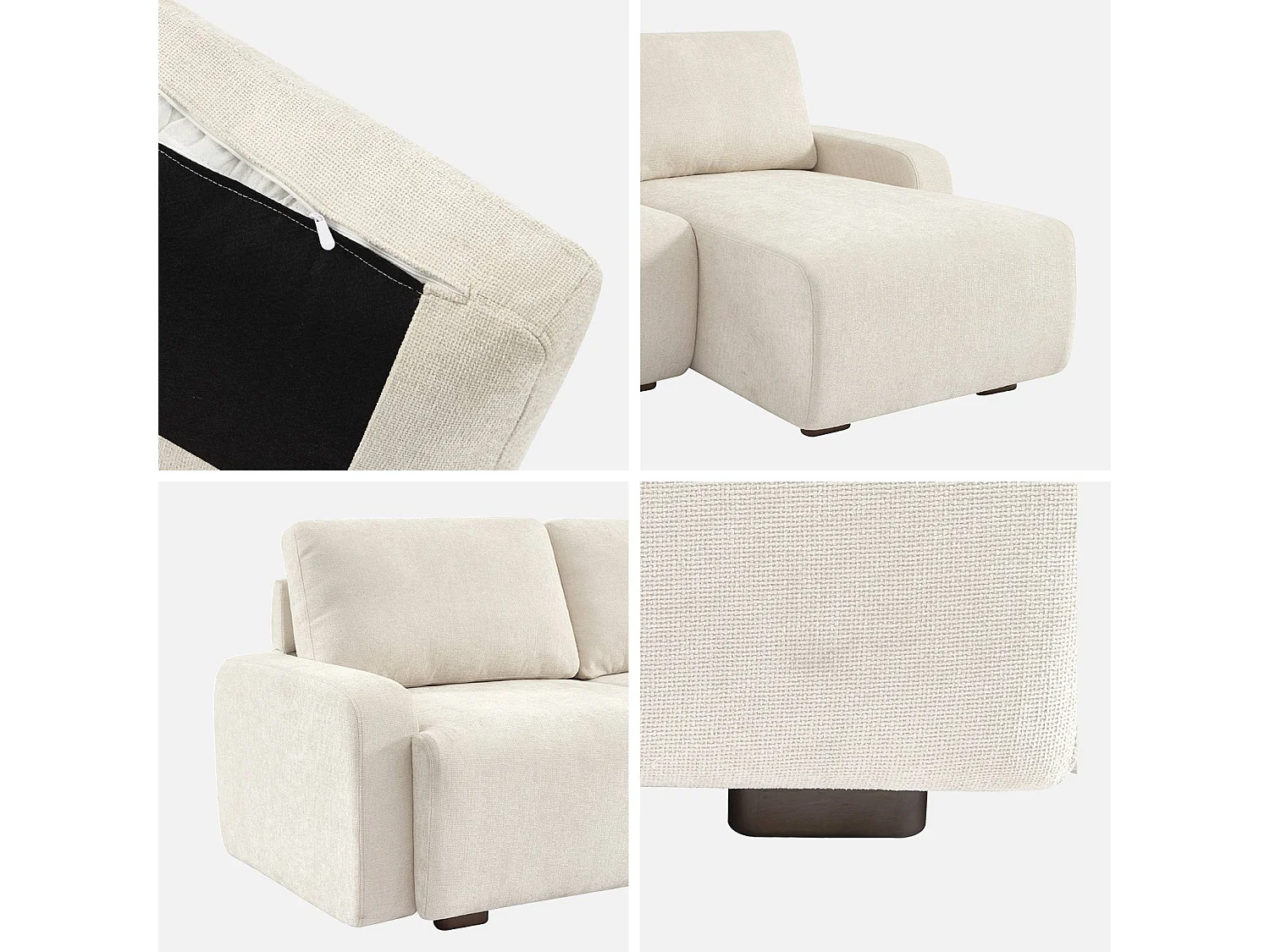 Divano angolare destro 3 posti tessuto, bianco sporco