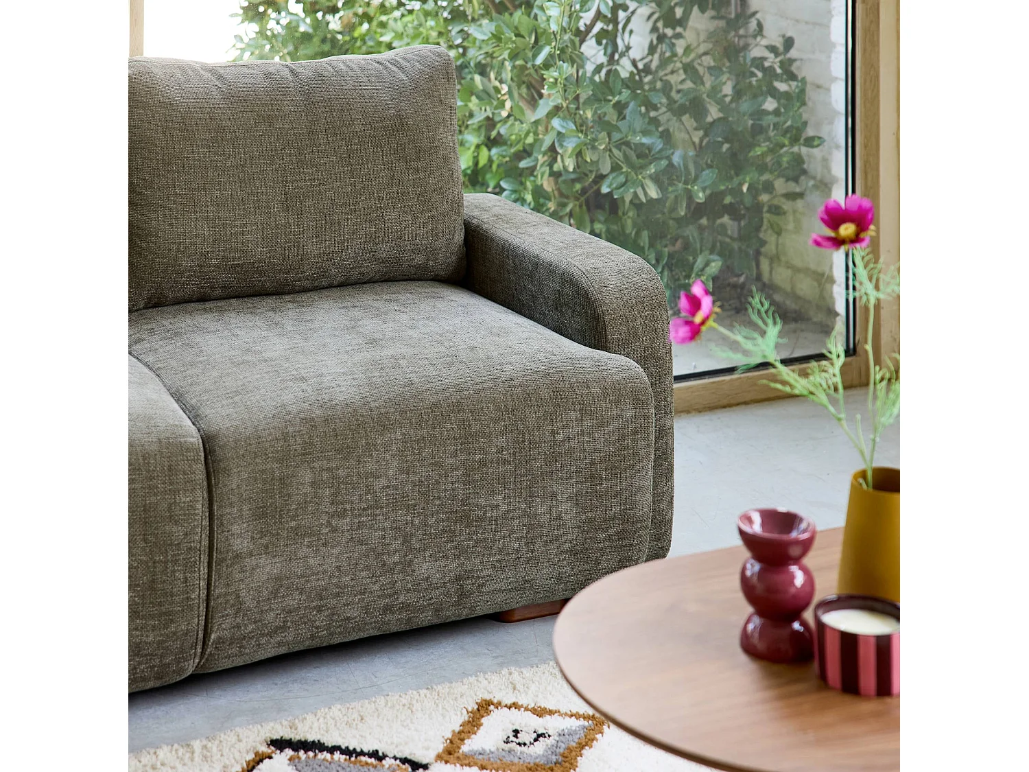 Sofá esquinero izquierdo de tela liso, 3 plazas verde grisáceo