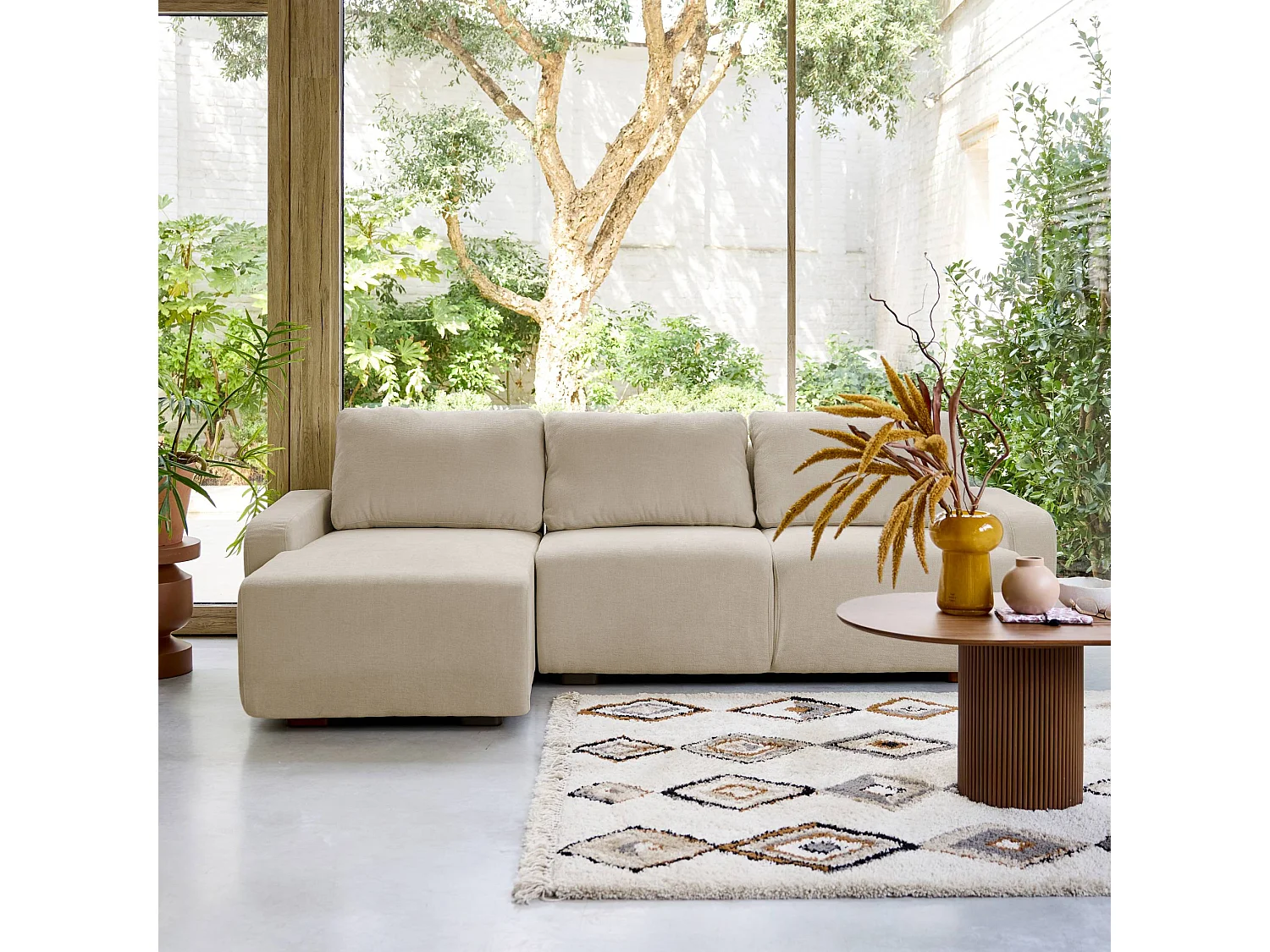 Divano angolare sinistro in tessuto semplice, 3 posti, beige