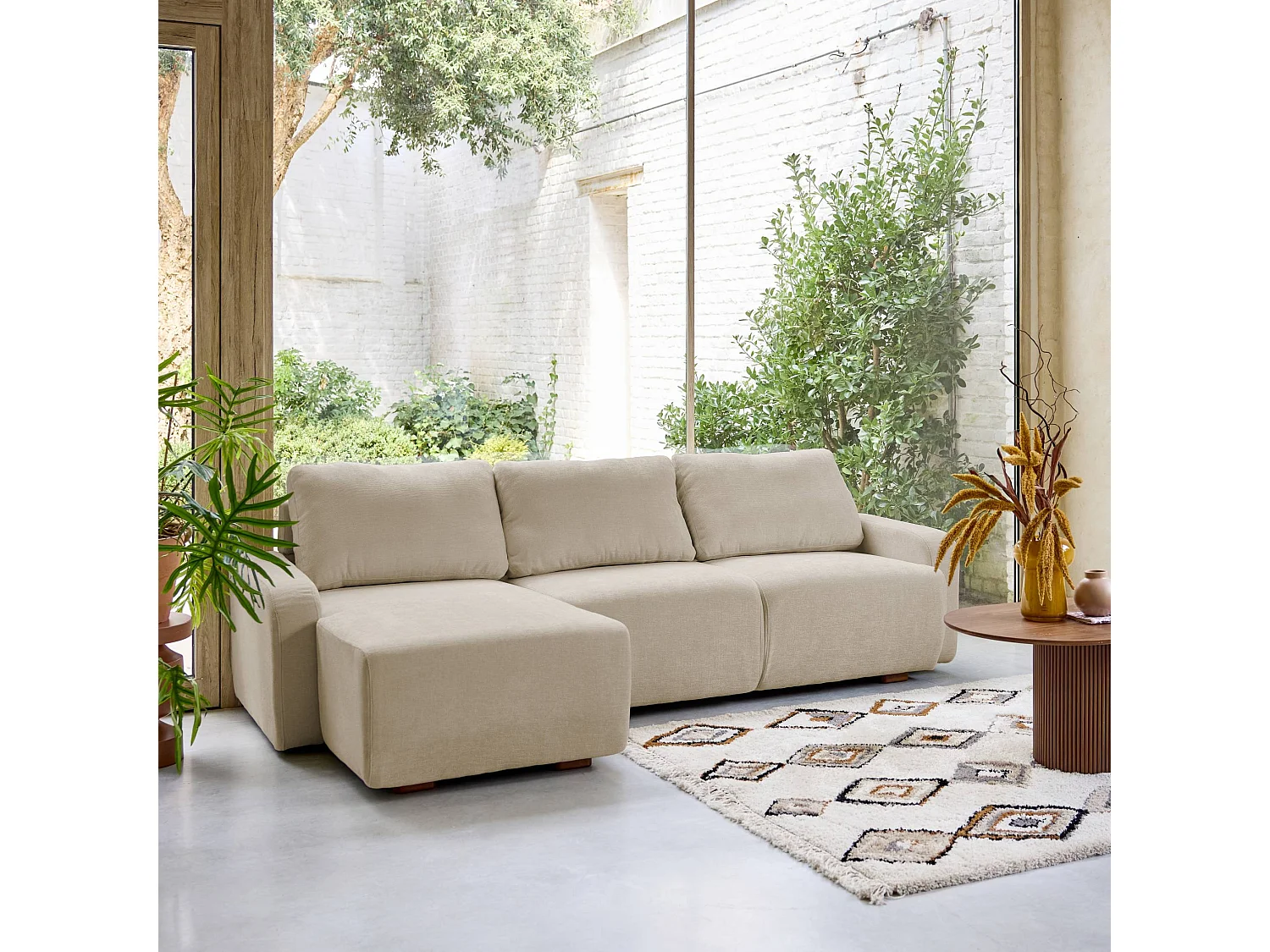 Divano angolare sinistro in tessuto semplice, 3 posti, beige