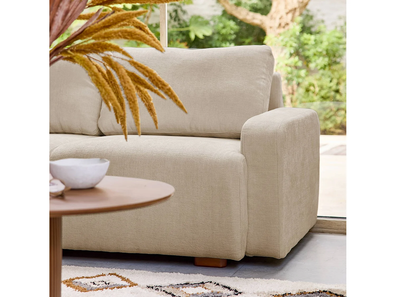 Sofá esquinero izquierdo de tela liso, 3 plazas beige