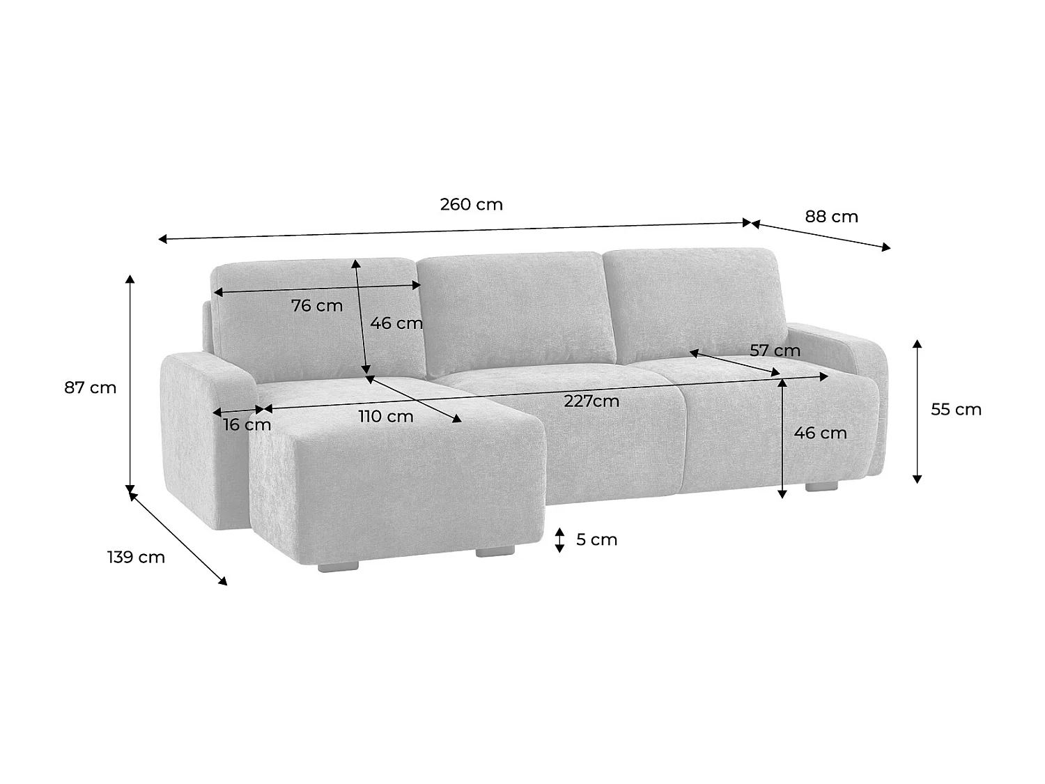 Sofá esquinero izquierdo de tela liso, 3 plazas beige