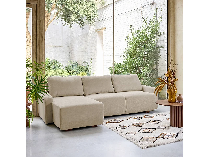 Sofá esquinero izquierdo de tela liso, 3 plazas beige