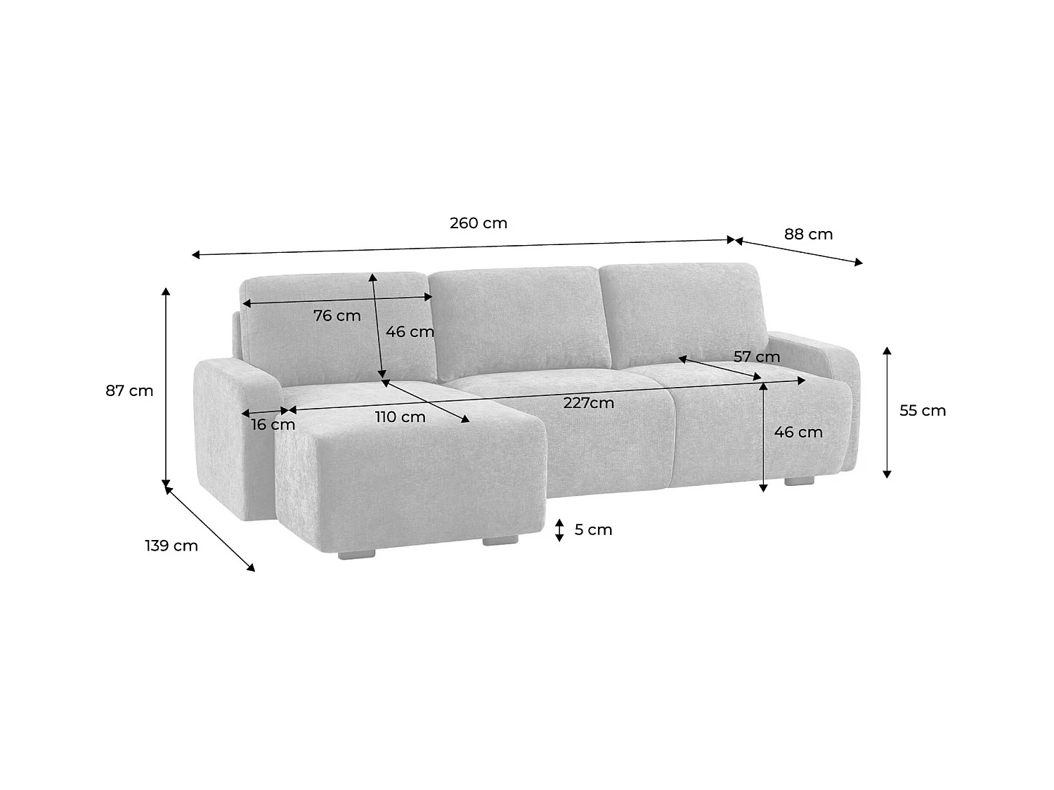 Canapé d'angle gauche 3 places tissu gris clair L 260 x P 88 / 139cm / x H 87cm - Dany