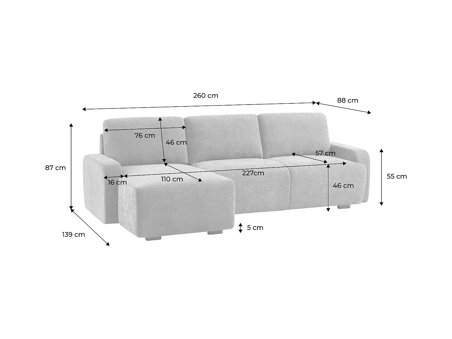 Canapé d'angle gauche 3 places tissu gris clair L 260 x P 88 / 139cm / x H 87cm - Dany