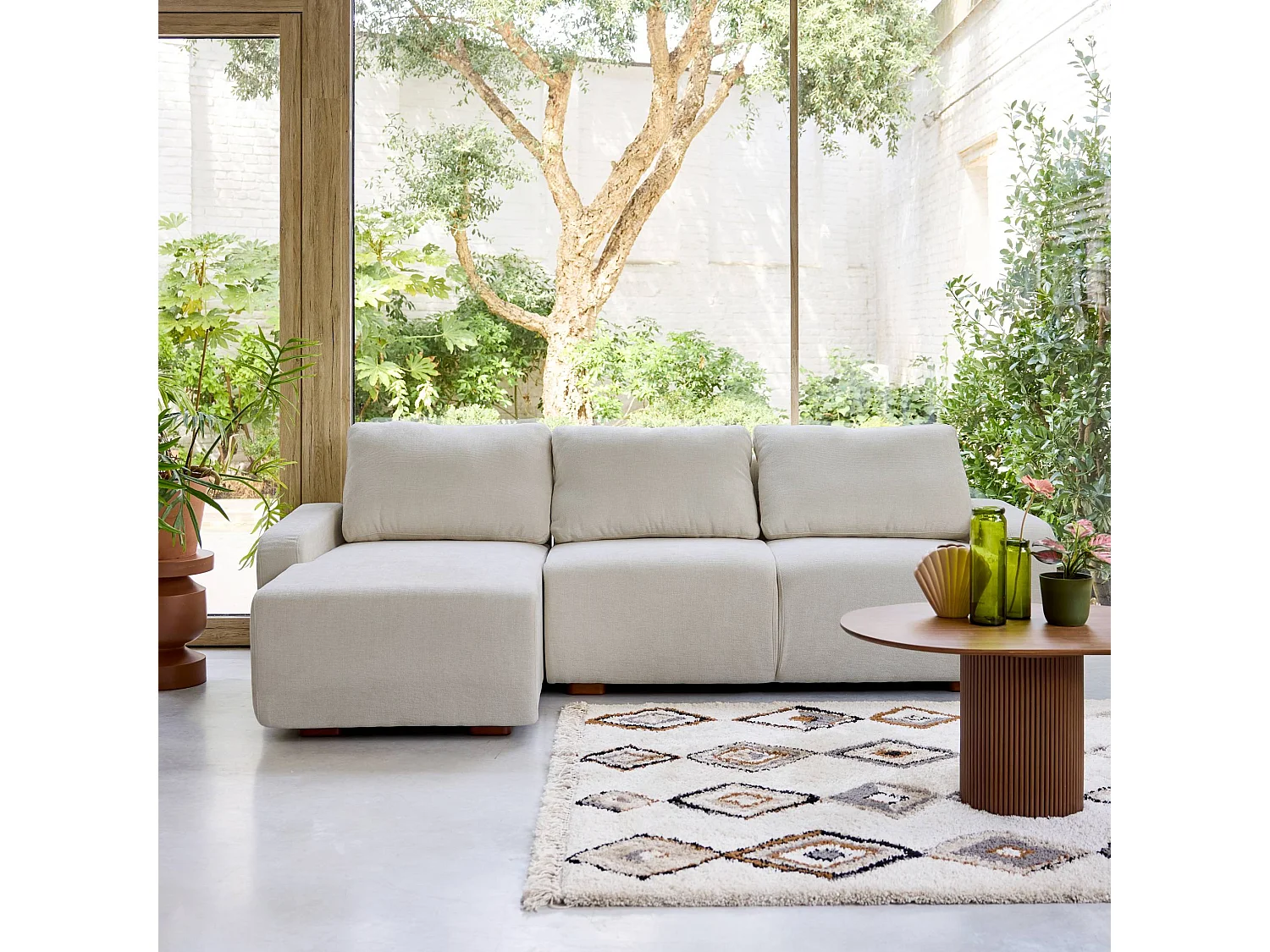 Canapé d'angle gauche 3 places tissu gris clair L 260 x P 88 / 139cm / x H 87cm - Dany