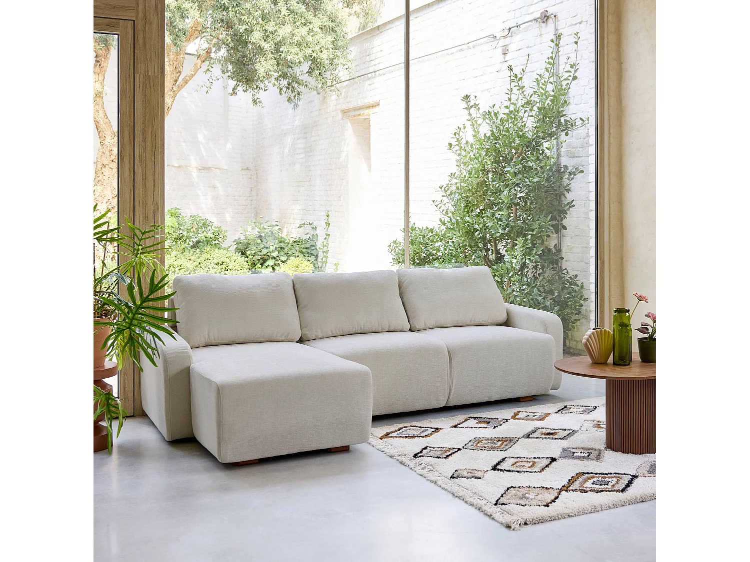 Canapé d'angle gauche 3 places tissu gris clair L 260 x P 88 / 139cm / x H 87cm - Dany