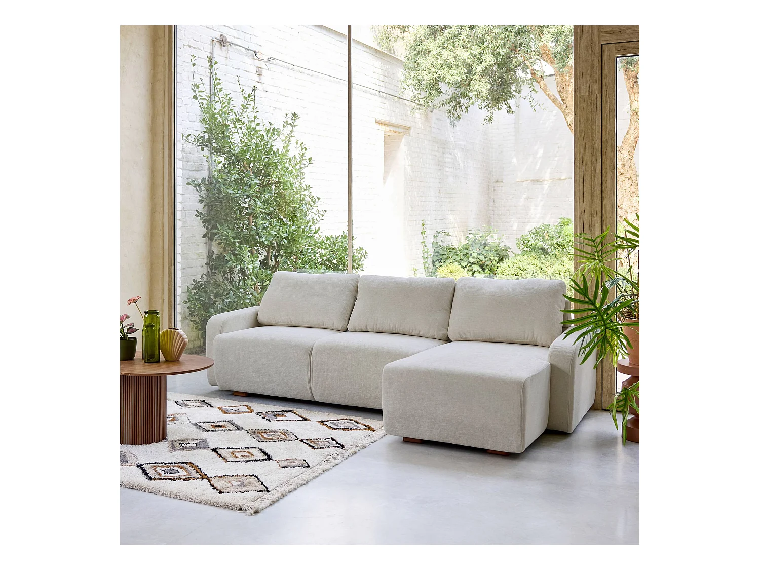 Canapé d'angle droite 3 places tissu gris clair L 260 x P 88 / 139cm / x H 87cm - Dany