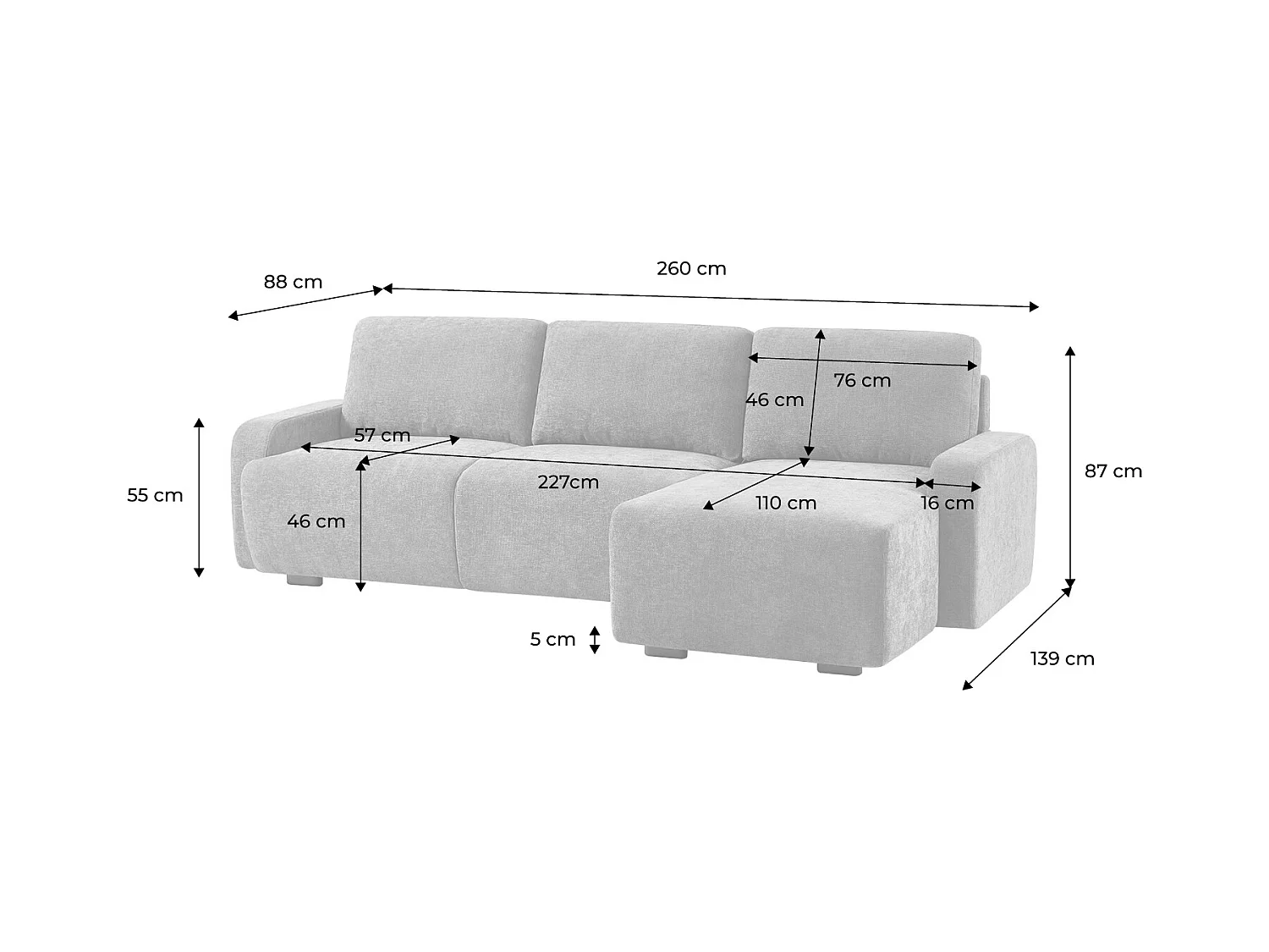 Canapé d'angle droite 3 places tissu gris clair L 260 x P 88 / 139cm / x H 87cm - Dany