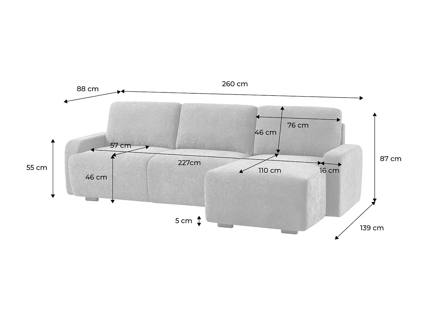Canapé d'angle droite 3 places tissu gris clair L 260 x P 88 / 139cm / x H 87cm - Dany