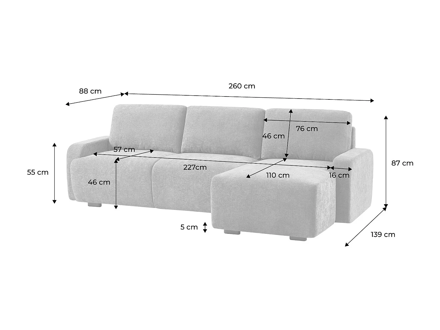 Canapé d'angle droite 3 places tissu gris clair L 260 x P 88 / 139cm / x H 87cm - Dany