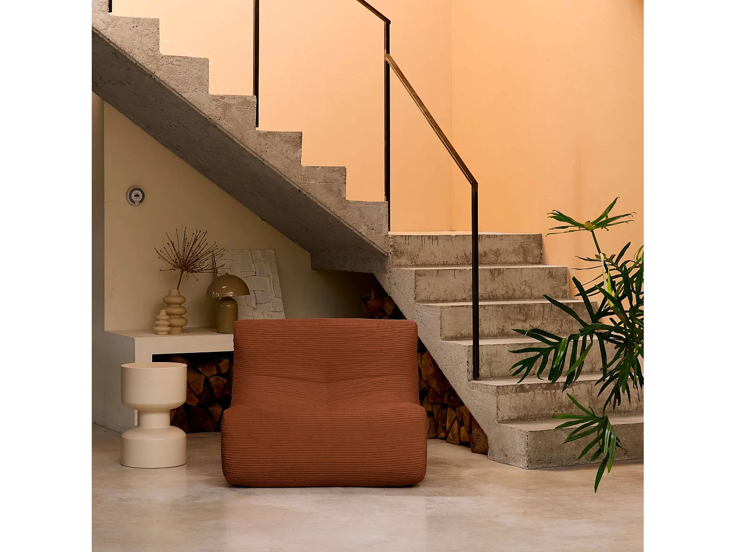 Chauffeuse velours côtelé 1 place terracotta L 91 x P 105 x H 72 cm - SOKOL