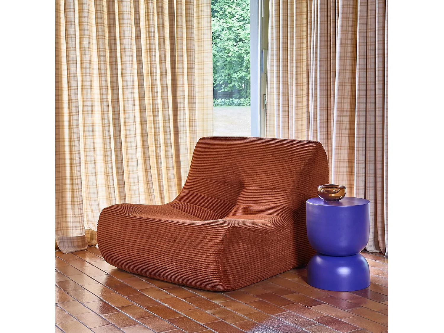 Chauffeuse velours côtelé 1 place terracotta L 91 x P 105 x H 72 cm - SOKOL