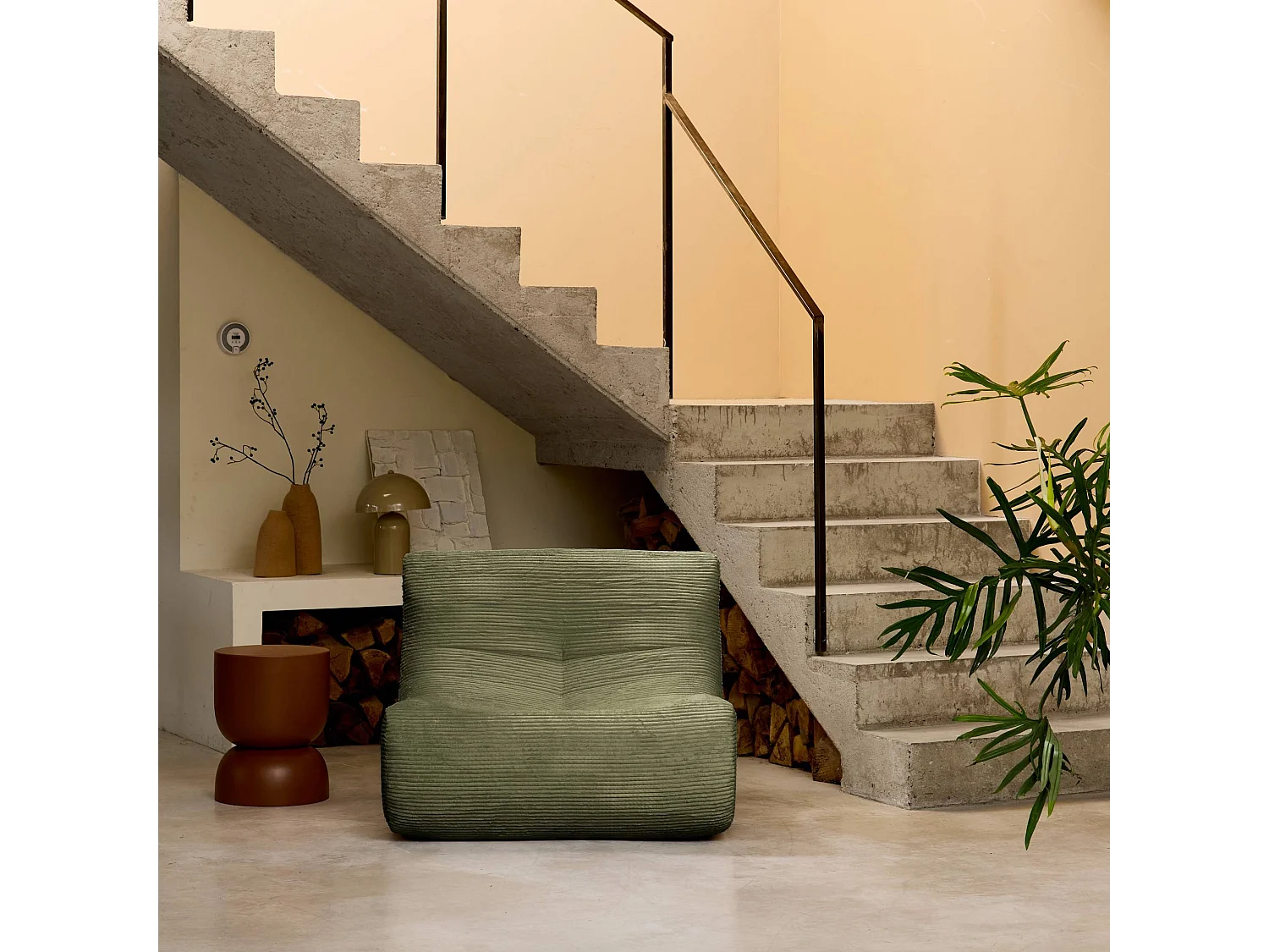 Chauffeuse velours côtelé 1 place kaki L 91 x P 105 x H 72 cm - SOKOL