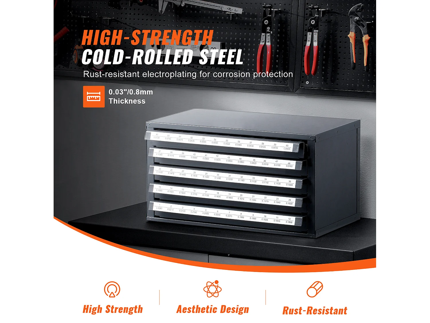 Szafa Magazynowa SucceBuy na Wiertła do Wiertarki z Pięcioma Szufladami na Wiertła nr 1 do nr 60, Składowanie Stapialne z Etykietami