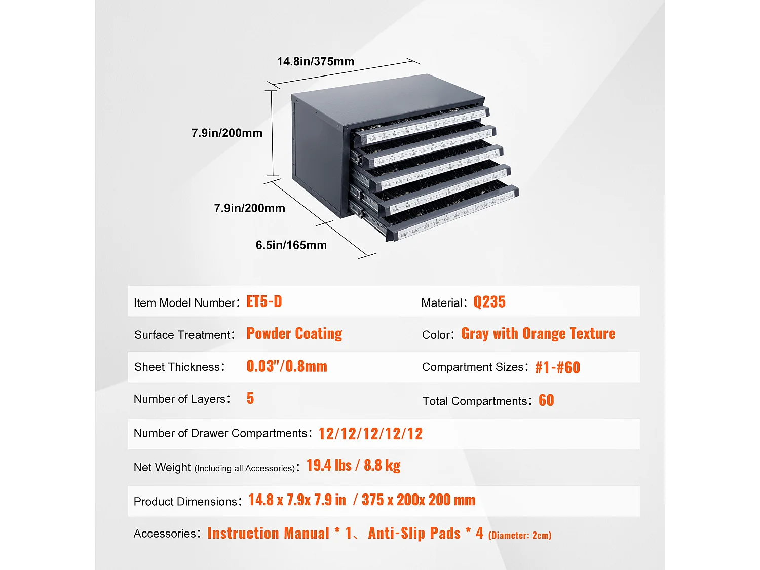 Armoire de Rangement SucceBuy pour Embouts de Perceuse à Cinq Tiroirs pour les Forets n° 1 à n° 60, Rangement Empliable avec Étiquettes