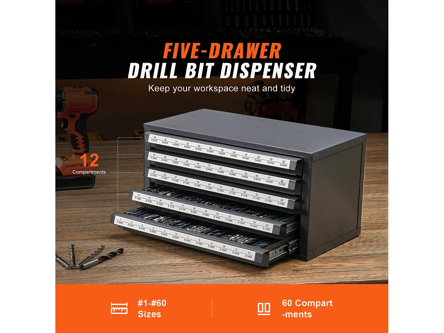 Armoire de Rangement SucceBuy pour Embouts de Perceuse à Cinq Tiroirs pour les Forets n° 1 à n° 60, Rangement Empliable avec Étiquettes