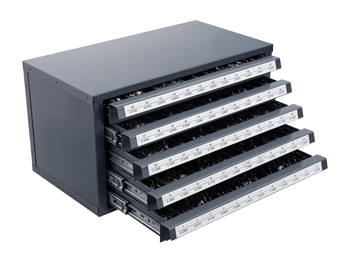 Armoire de Rangement SucceBuy pour Embouts de Perceuse à Cinq Tiroirs pour les Forets n° 1 à n° 60, Rangement Empliable avec Étiquettes